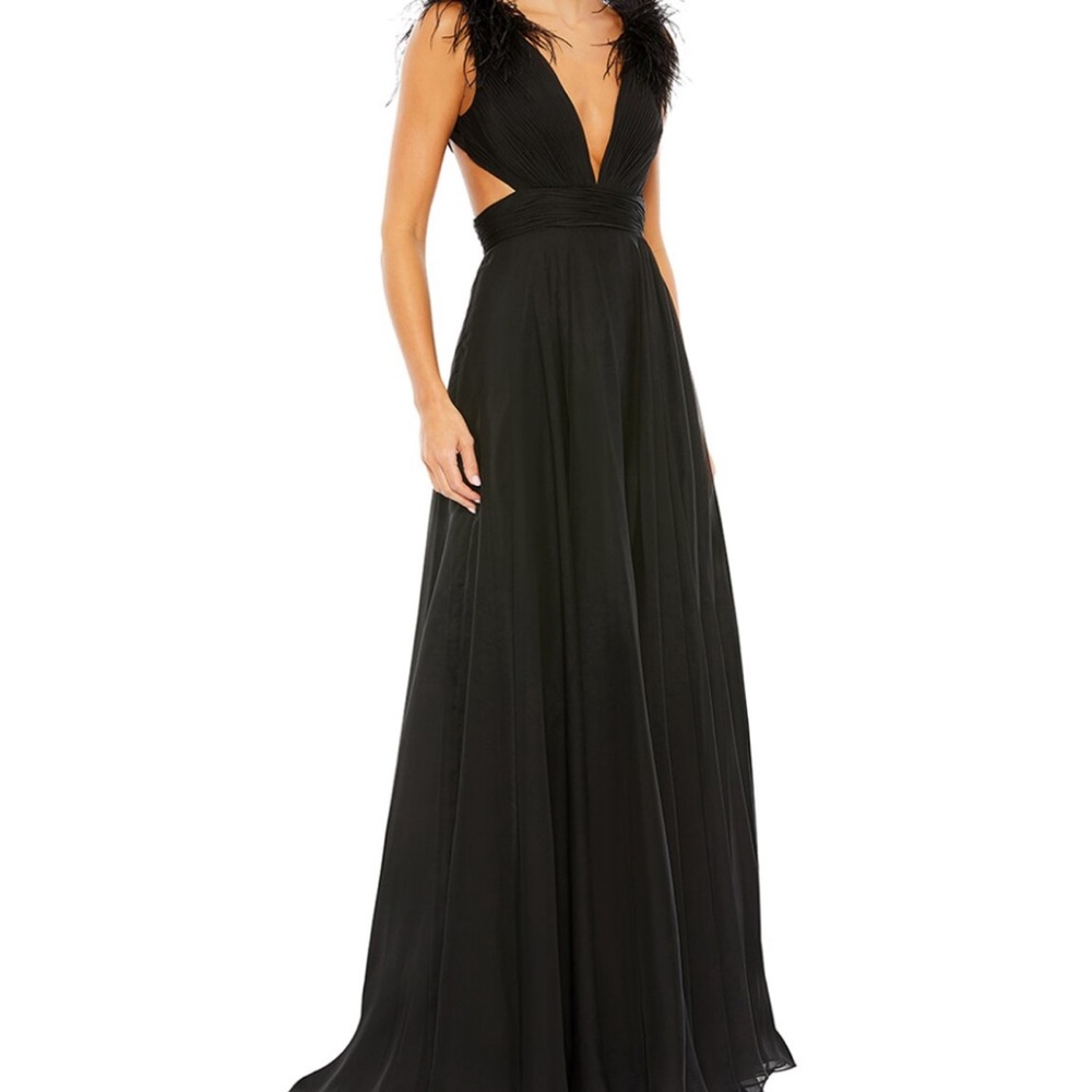 Mac Duggal Black Plunge V-Neck Feather Trim Evening Gown